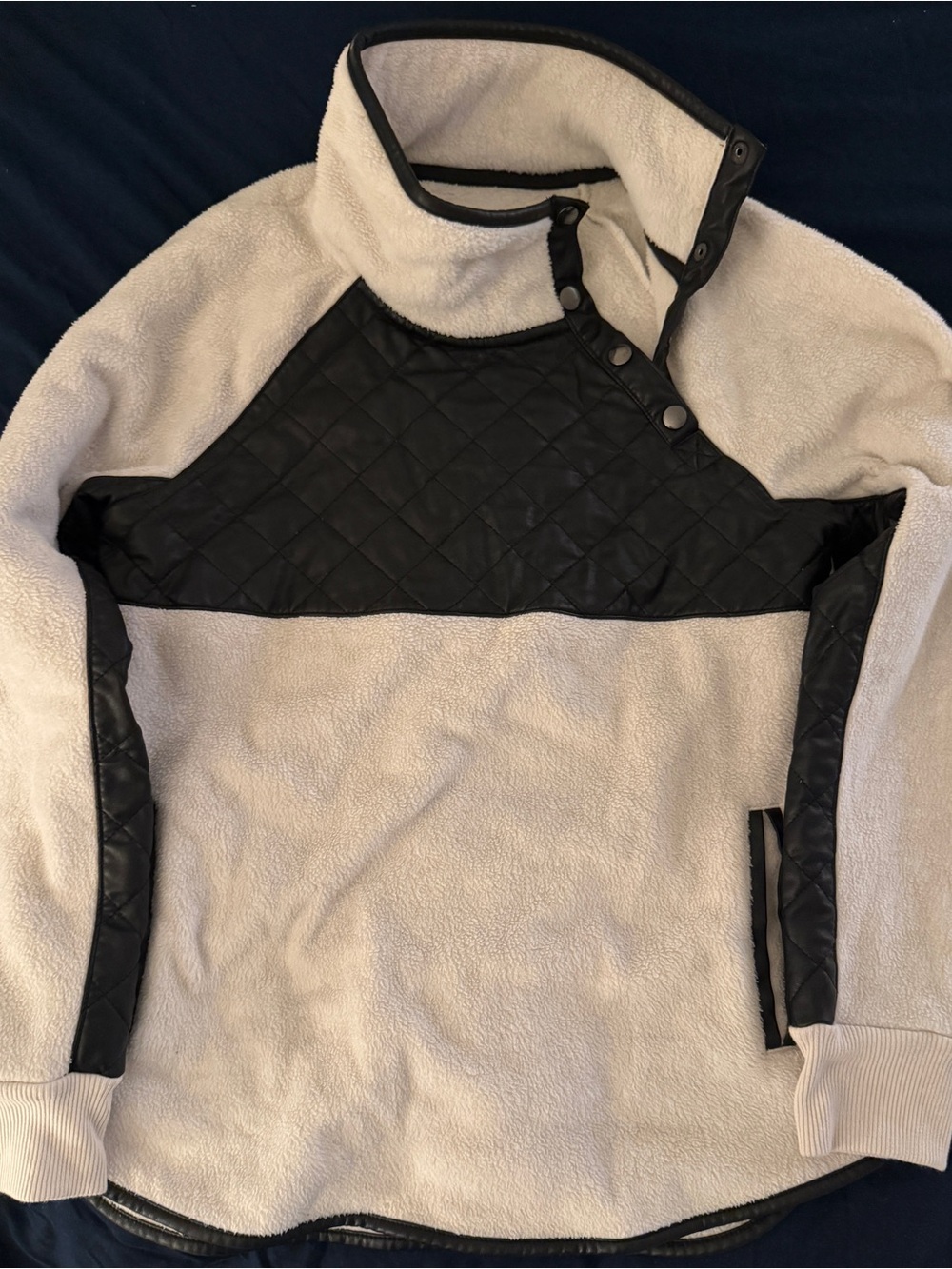 Abercrombie & Fitch Ivory Sherpa Pullover with Black Quilted Yoke